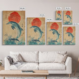 Dolphin Jumping Under A Sunset Over the Ocean Framed Canvas Print, Wabi Sabi Nautical Home Decor, Minimalist Wall Art, Office Decor