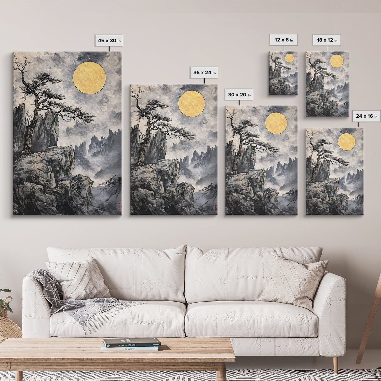 Wabi Sabi Landscape Painting Print - Japanese Style Decor - Japanese Style Art - Bonzai Tree Under a Full Moon