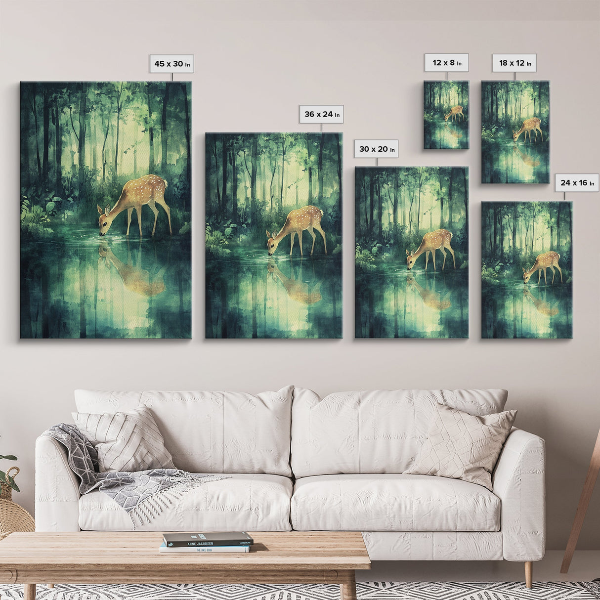 Young Deer Drinking Water In The Forest Painting Print, Wood Framed Canvas, Animal Prints, Nursery Decor, Framed Wall Art Home Decor