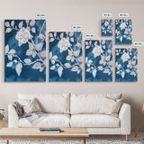 White Flowers on Blue Background Framed Canvas Print, Chinoiserie Wall Art, Boho Decor, Minimalist Wall Art, Boho Home Decor