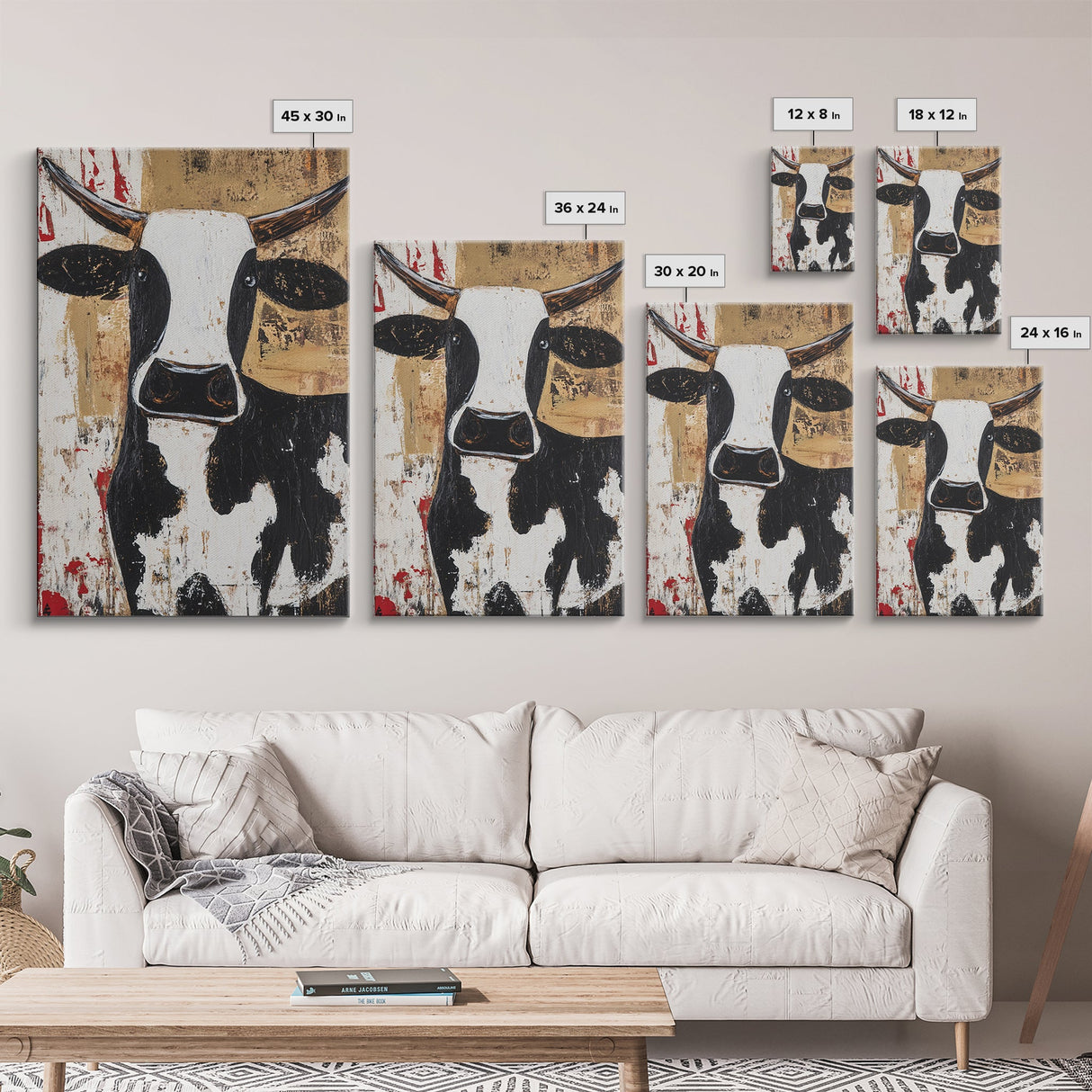 Moo Cow Wall Art, Wabi Sabi Canvas Print, Japanese Style Decor, Minimalist Cow Wall Art, Farmhouse Decor