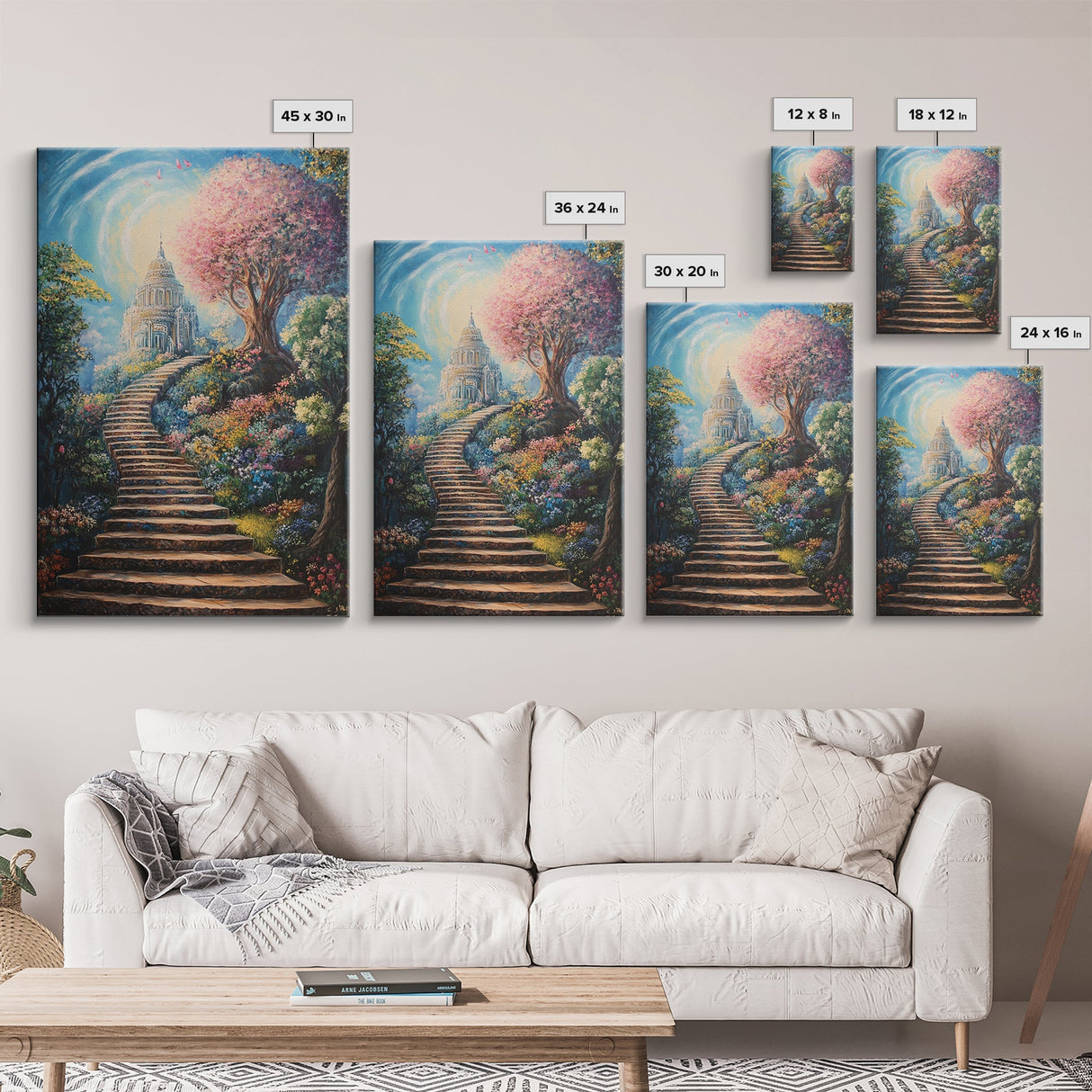 The Steps To The Sky, Framed Canvas Print, Cute Fantasy  Decor, Preppy Wall Art, Gift For Her, Dorm Wall Art, Landscape Painting