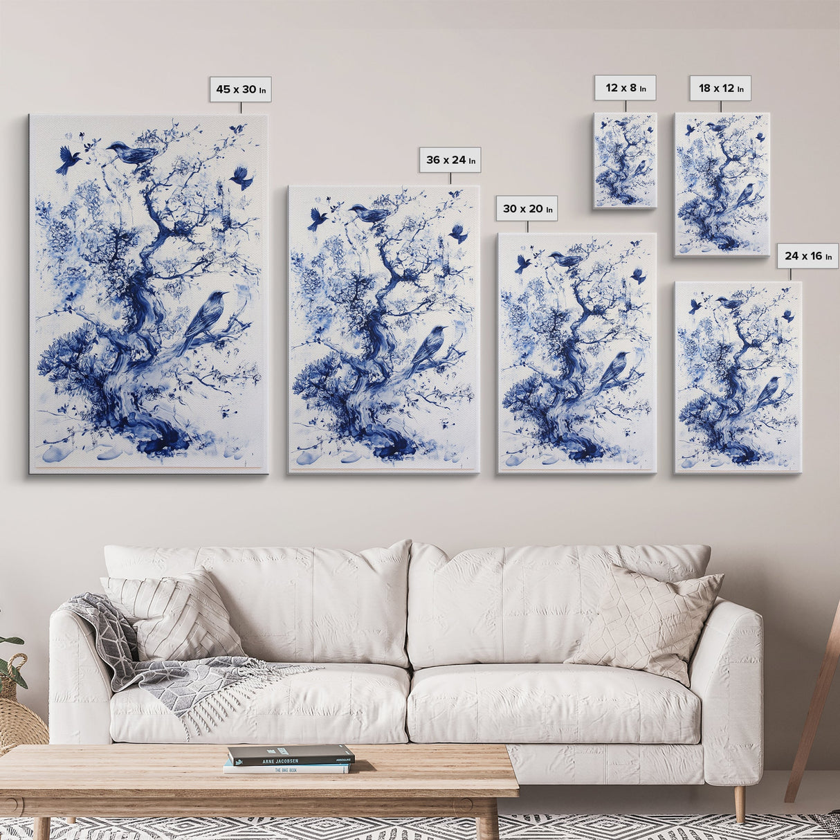 Chinoiserie Wall Art Framed Canvas Print, Blue Tree and Birds, Botanical Print, Birdwatcher Gift Idea, Chinoiserie Style Painting