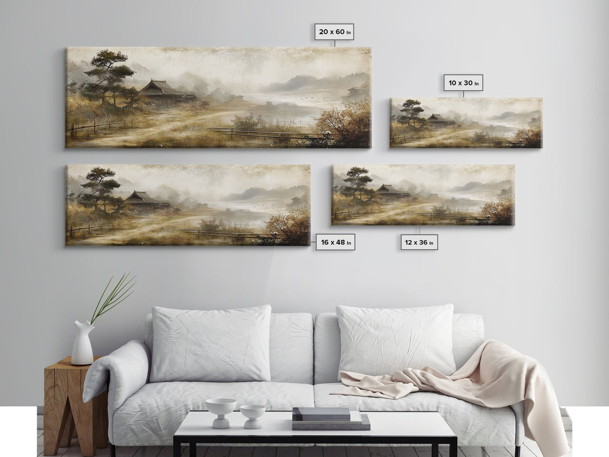 Retro Landscape Print - Landscape Painting - Wabi Sabi Panoramic Wall Art - Minimalist Home Decor - Ancient Japan Landscape Painting