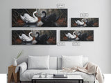 Black and White Swan Form  A Heart, Framed Canvas Print, Swan Painting, Black Swan Art, Dark Romance, Panoramic Art, Gothic Art