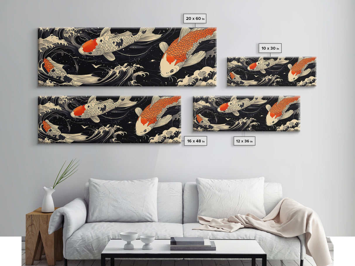 Wabi Sabi Boho Painting Print of Ko Fish, Japanese Style Decor, Panoramic Horizontal Wall Art, Extra Wide 70 Inch Wall Art, 72 Inch Wide Art