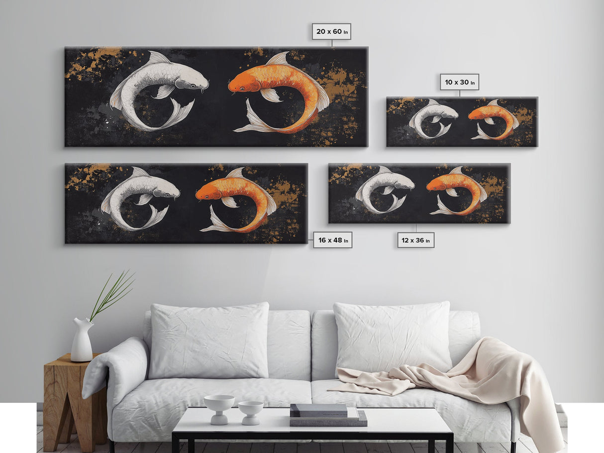 Koi Fish Infinite Sign Framed Canvas Print Ready To Hang, Wabi Sabi Home Decor, Panoramic Extra Wide Art, 20 x 60 Wall Art