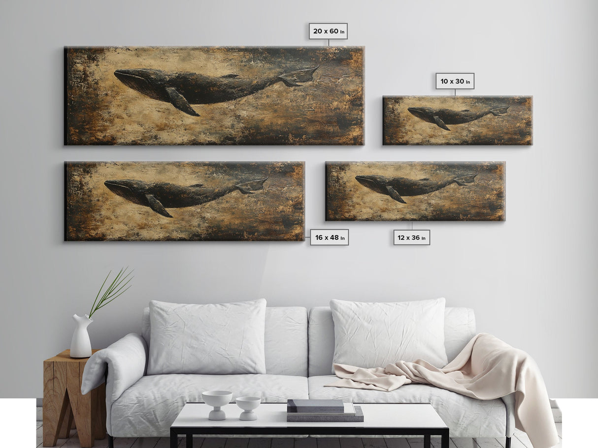 Panoramic Exra Wide Horizontal Whale Painting Print, Canvas Art, Nautical Home Decor, Wabi Sabi Whale Art, Whale Decor