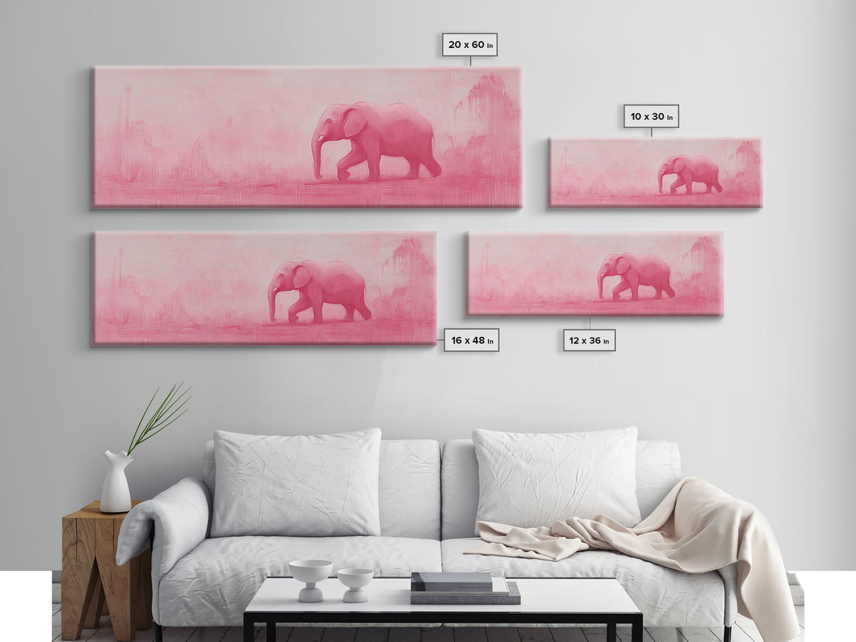 Preppy Pink Elephant Framed Canvas Print Ready To Hang Panoramic Wall Art Girl's Dorm Room Wall Art Ready To Hang