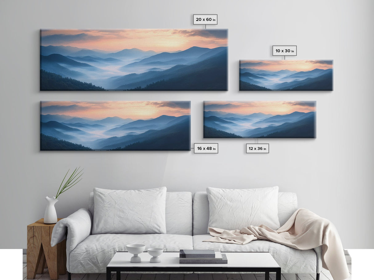 Morning Fog Over the Blue Ridge Mountains, Framed Canvas Print, Landscape Nature Wall Art, Painting Canvas Print, Mountain Painting Art