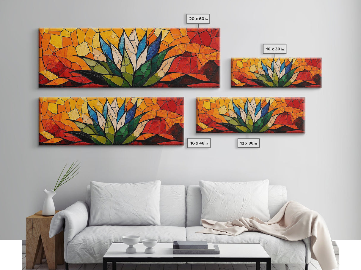 Stained Glass Style Blue Agave Wall Art Canvas Print, Mexicano Wall Art, Panoramic Southwestern Home Decor, Modern Farmhouse Rustic Art