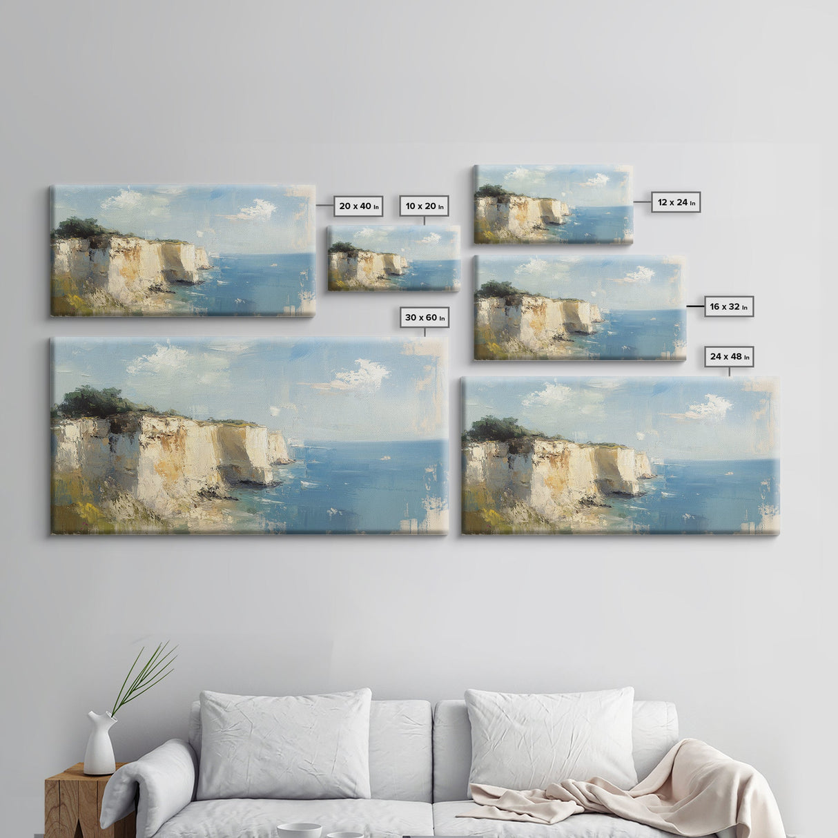 White Cliffs of Dover Framed Canvas Print, England Landscape Painting, Whimsical Wall Art, Light and Airy Eclectic Home Decor, Room Brightening