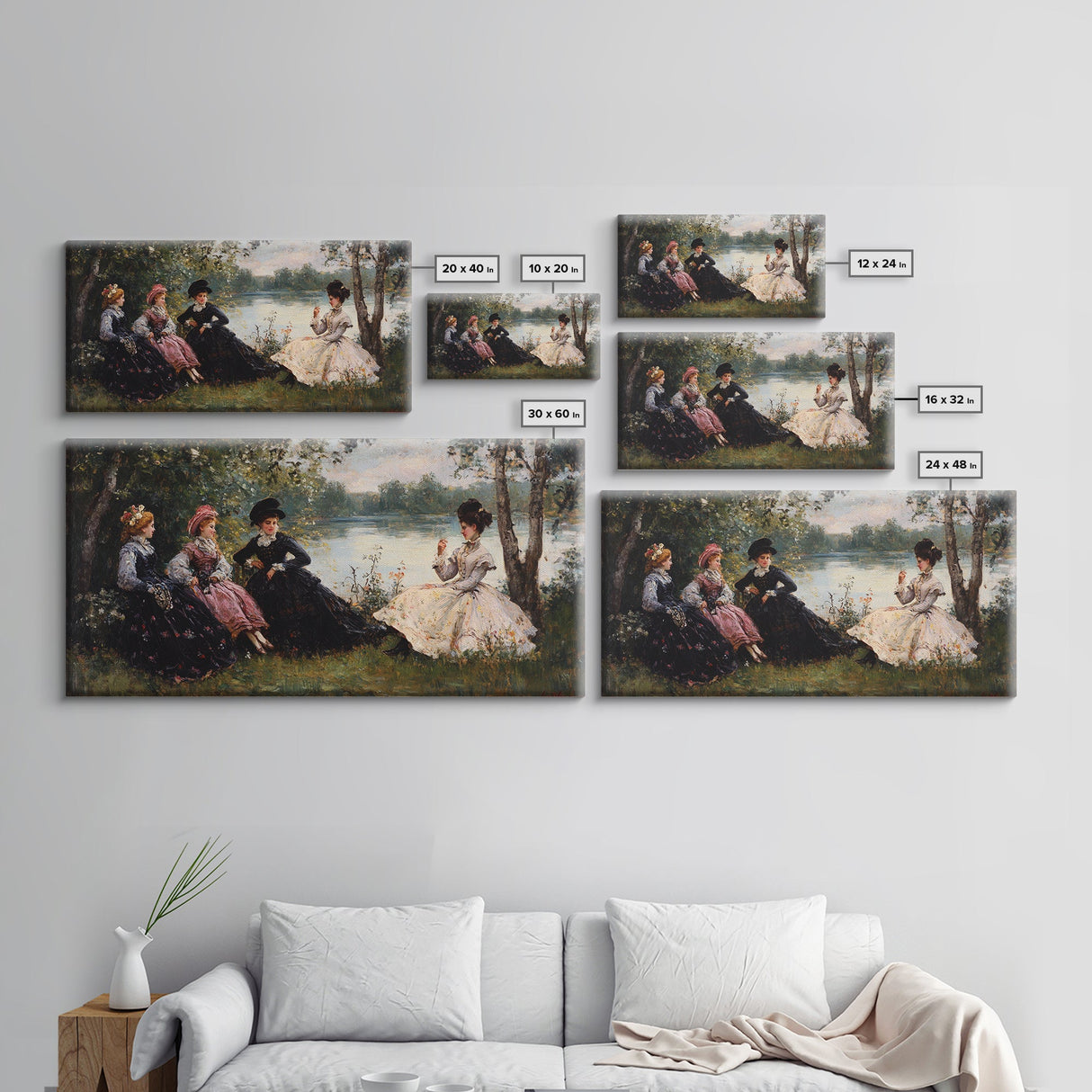 Victorian Women Having a Summer Party on the River, Framed Canvas Print, Victorian Summr Day Oil Painting Print, Whimsical Wall Art