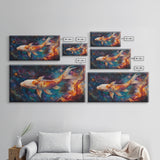 Koi Fish in Space, Framed Canvas Print, Abstract Wabi Sabi Style Painting, Koi Fish Home Decor, Japanese Style Artwork, Boho Decor