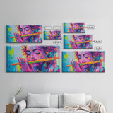 Radha Krishna Painting Print, Hindu Wall Art, Framed Canvas Print, Hinduism Wall Art, Krishna Wall Art, Krishna Playing A Flute
