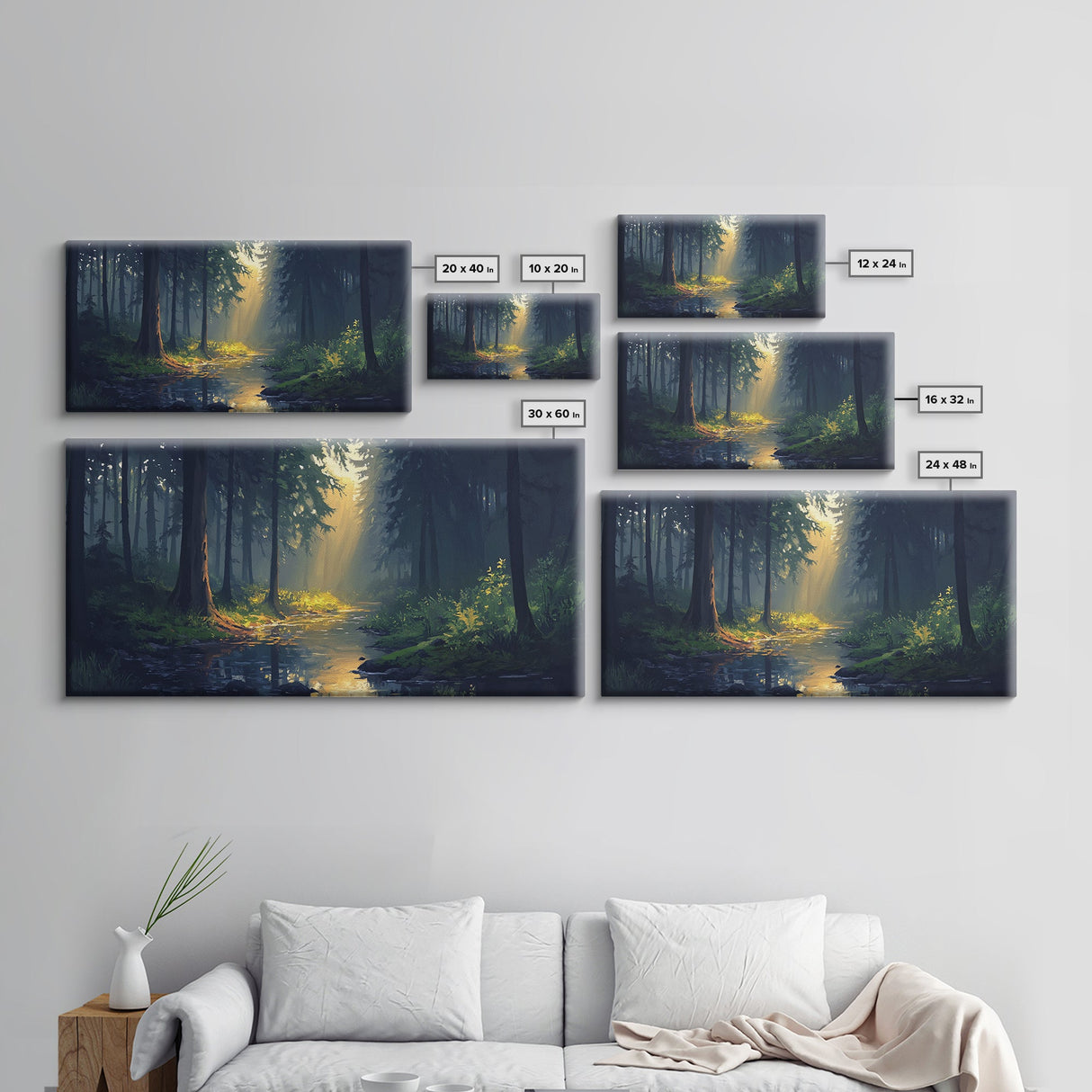Sun Shines Through The Forest Trees, Framed Canvas Print, Fantasy Landscape Painting, Forest Landscape Oil Painting Print, Living Room Decor