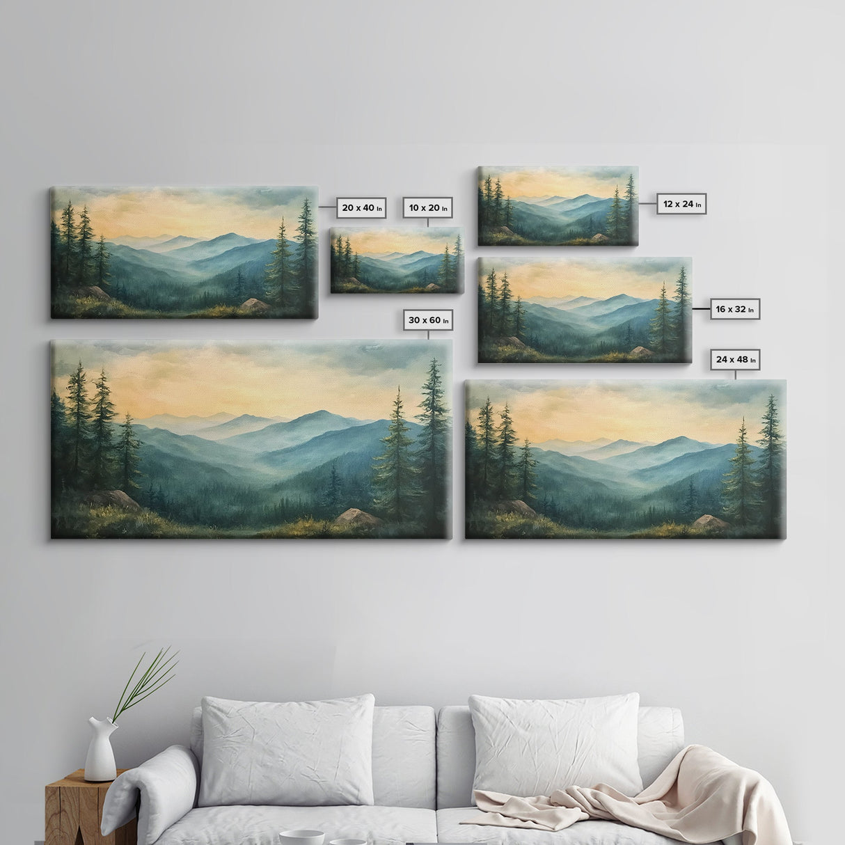 Minimalist Watercolor Painting Print of The Blue Ridge Mountains, Framed Canvas Print, Modern Landscape Painting