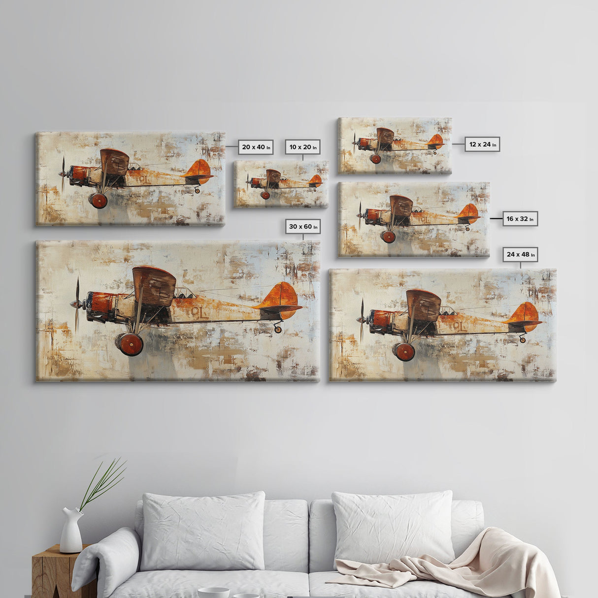 Retro 1920s Airplane In Flight Framed Canvas Print, Airplane Painting, Biplane Painting, Office Decor, Office Wall Art