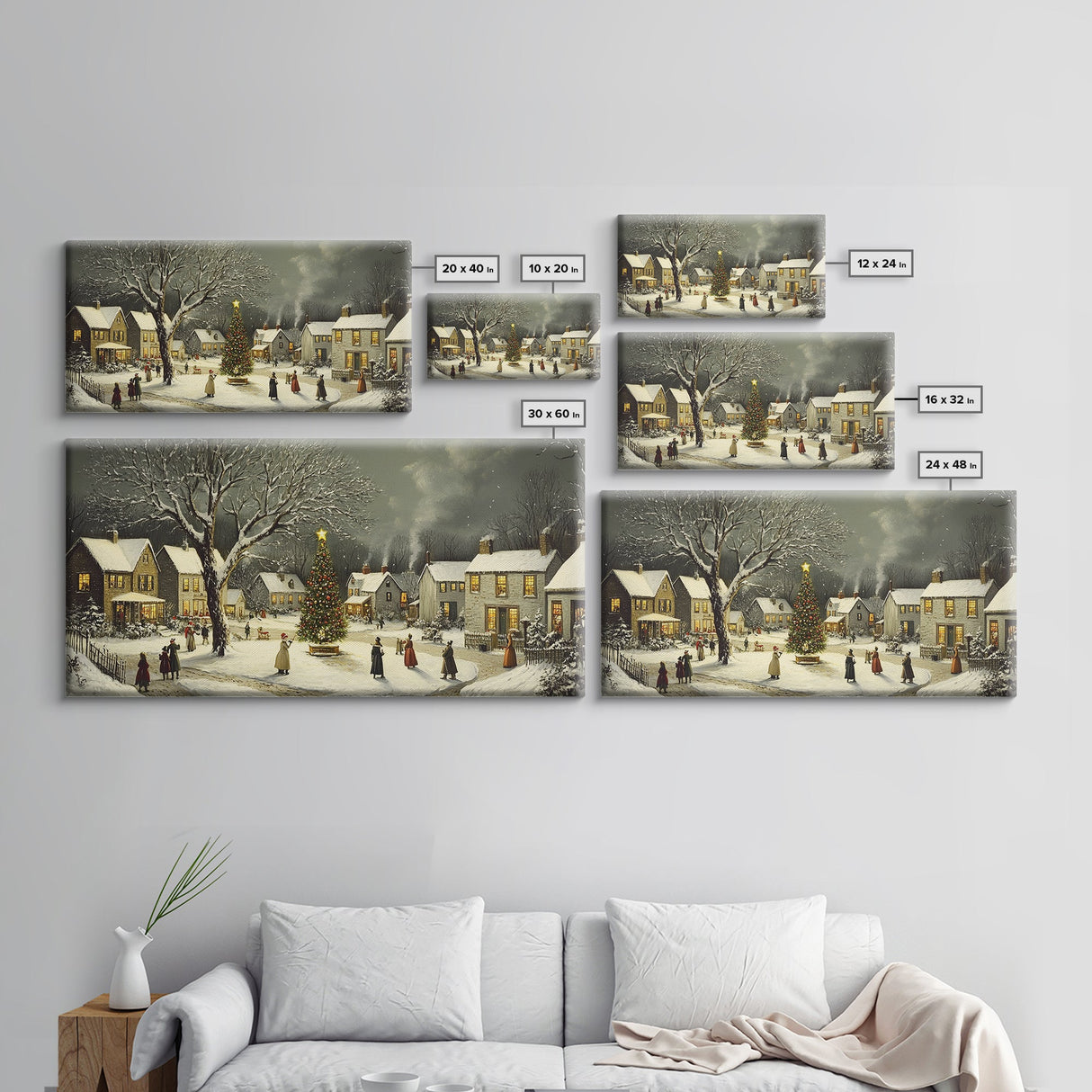 Bustling Christmas Street Scene Oil Painting Canvas Print, Snowy Holiday Night, Festive Victorian Christmas Village Oil Painting, Christmas Decor