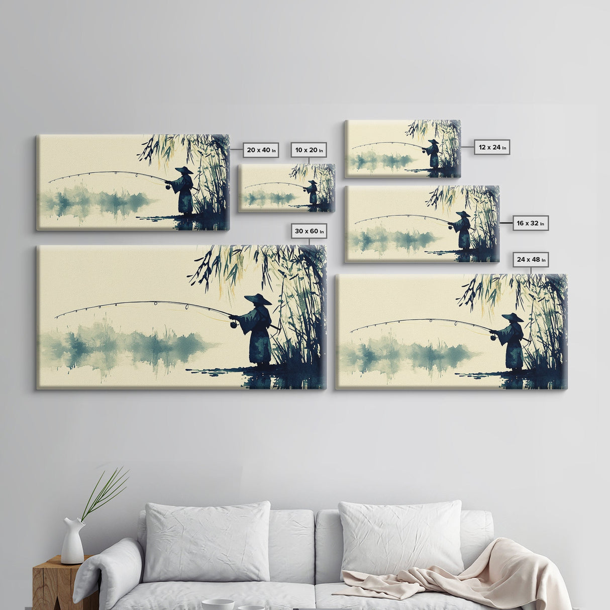 Watercolor Painting Print of a Fisherman - Elegant Japanese Style Artwork - Framed Canvas Print Ready to Hang - Coastal Wall Art - Fishing Gift