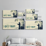 Watercolor Painting Print of a Fisherman - Elegant Japanese Style Artwork - Framed Canvas Print Ready to Hang - Coastal Wall Art - Fishing Gift