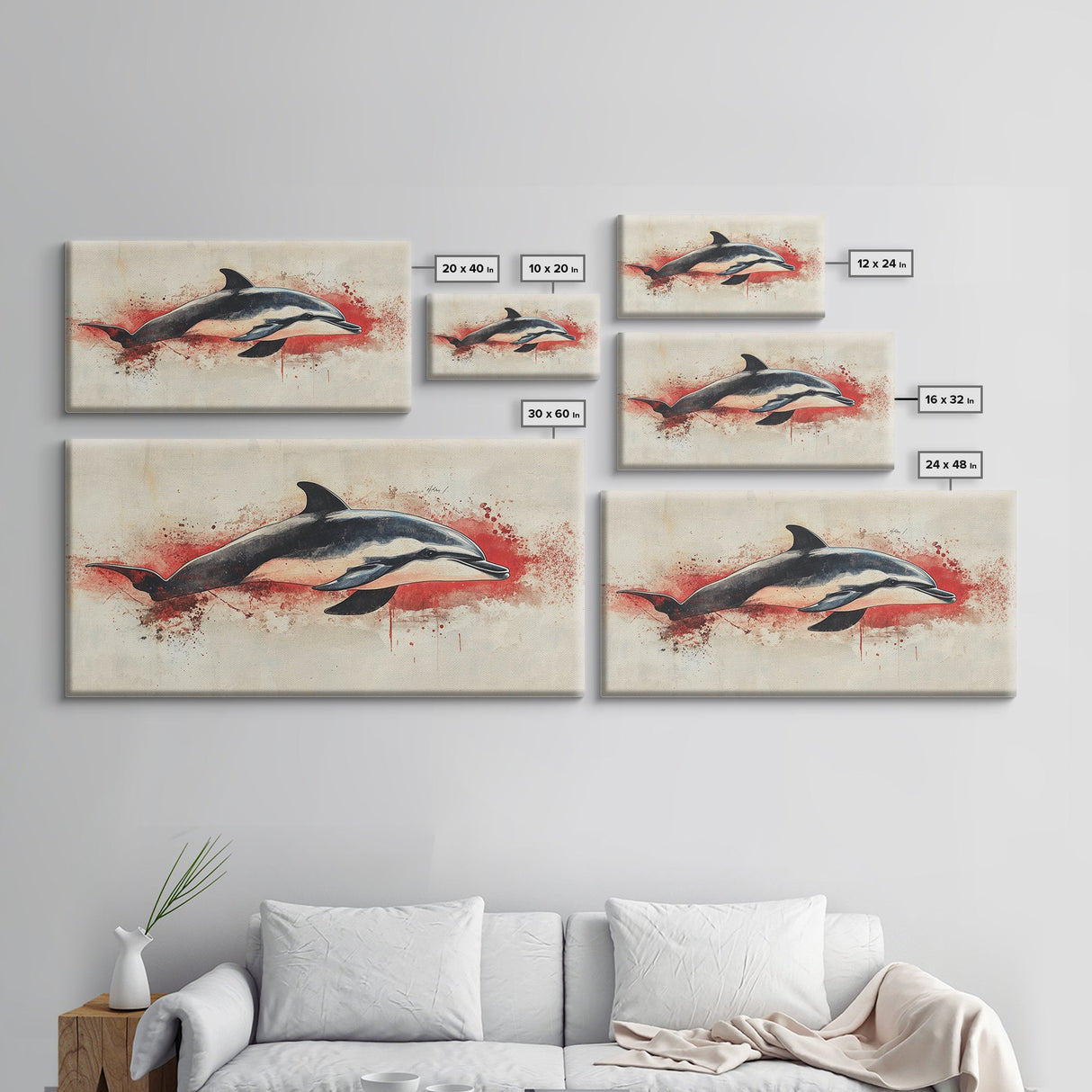 Wabi Sabi Waves and Dolphin Canvas Print, Entryway Decor, Cute Dolphin Wall Hangings for Bathroom Decor, Sea Life Wall Art, Dolphin Painting