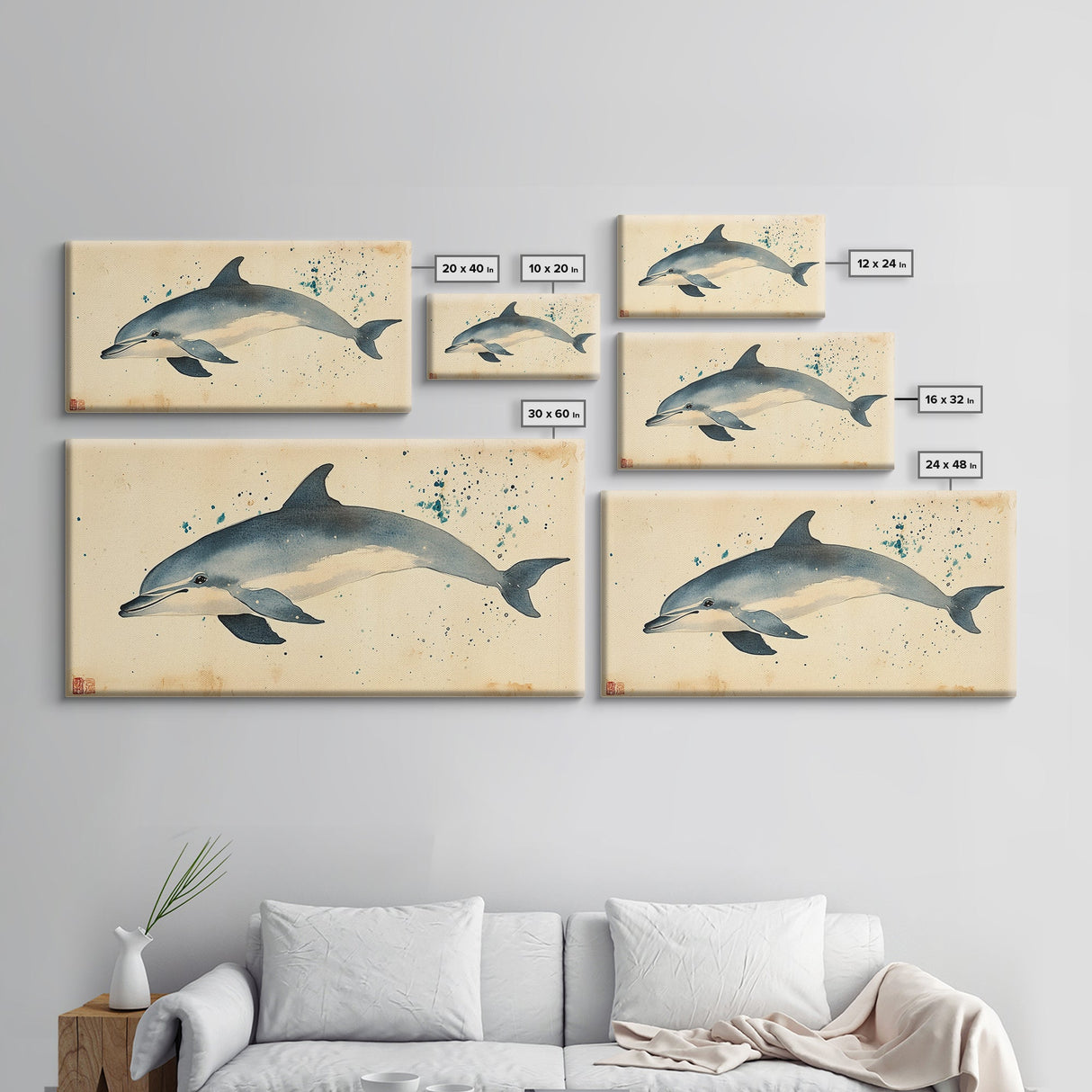 Retro Minimalist Dolphin Painting, Dolphin Home Decor, Framed Canvas Print, Nautical Decor, Elegan Japanese Style Artwork, Wabi Sabi Art