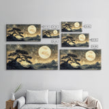 Bonzai Tree Under a Full Moon, Framed Canvas Print Ready To Hang, Minimalist Wabi Sabi Japanese Style Artwork, Above Sofa Wall Art, Home Decor