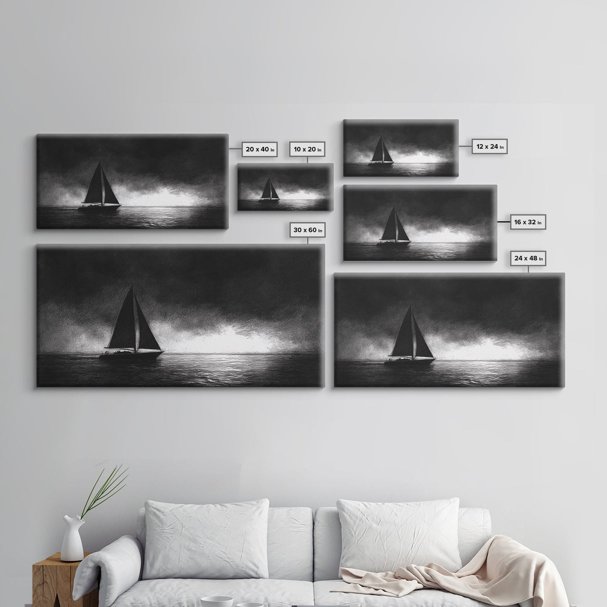 Black and White Sketch Print of a Sailboat In a Storm, Framed Canvas Print, Nautical Wall Art, Nautical Home Decor