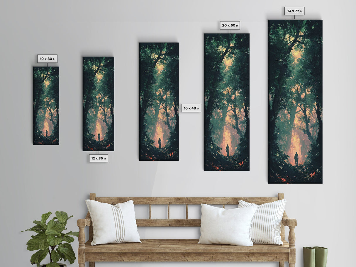Forest at Dusk Painting Framed Canvas Print Long Narrow Wall Art, Rustic Decor Above Couch Art, Tall Skinny Art Gift Idea Christmas