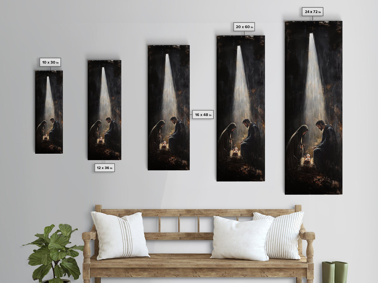 Tall Skinny Nativity Painting Canvas Print, Christmas Wall Art, Christmas Decor, Nativity Oil Painting, Jesues In His Manger