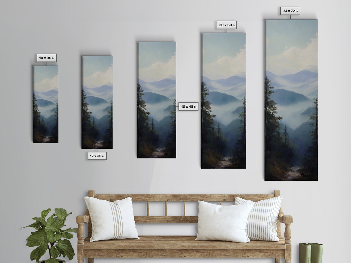 Misty Mountain Fog Framed Canvas Print Peaceful Nature Landscape Painting, Smoky Mountain Art, Above Bed Wall Art, Blue and Green Wall Art, Guest Room Art