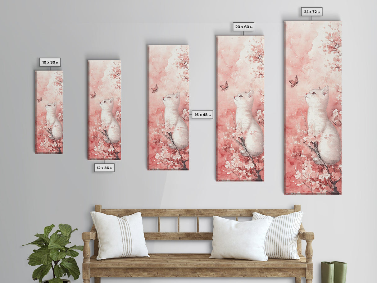 White Cat and Butterfly Canvas Print Light Pink Wall Art Cherry Blossom Painting Whimsical Art Bedroom Decor Gift Idea