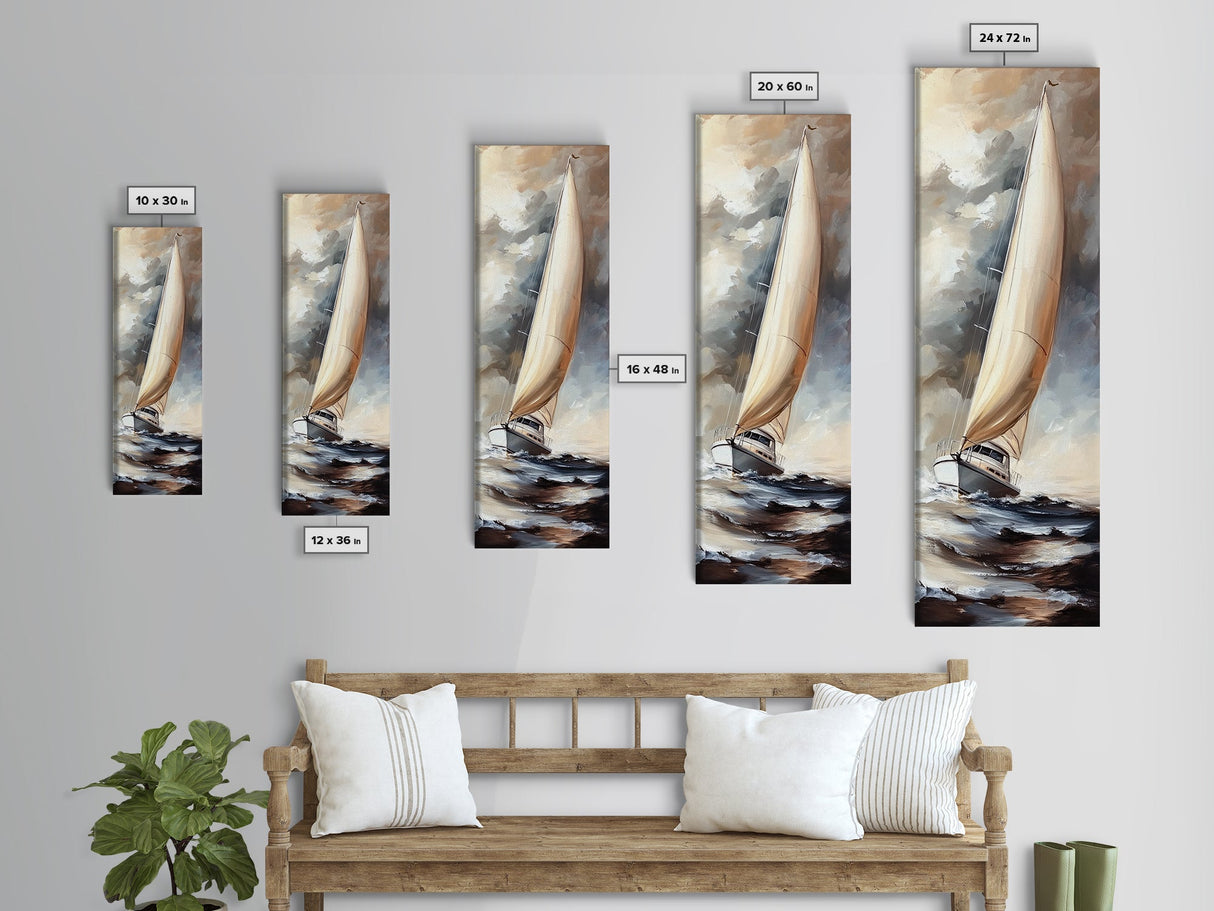 Sailboat painting nautical decor framed canvas print, classic coastal wall art, sailing scene with ocean waves, above bed living room art