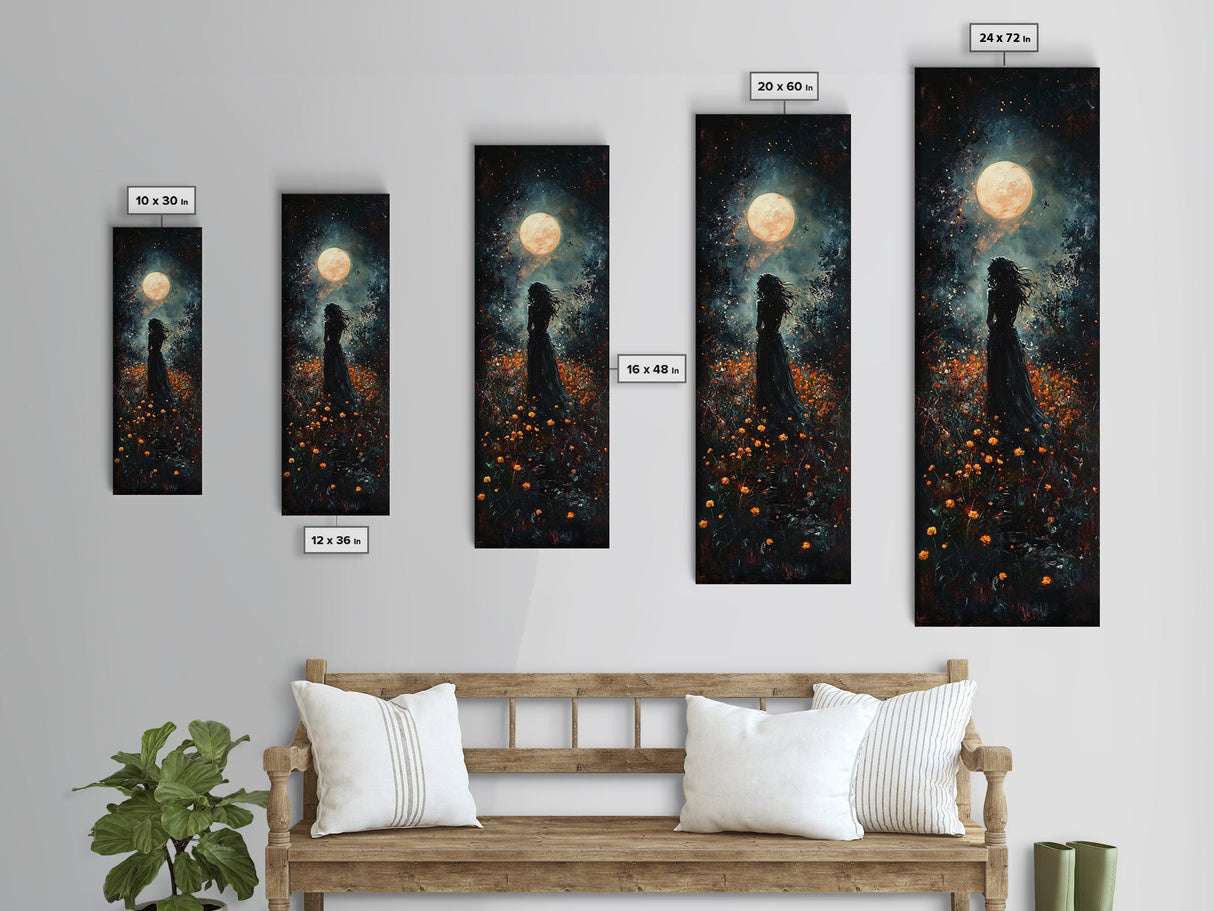 Moonlight silhouette painting mysterious framed canvas print, dark romance art, moonlit field wall decor, spiritual night scene art