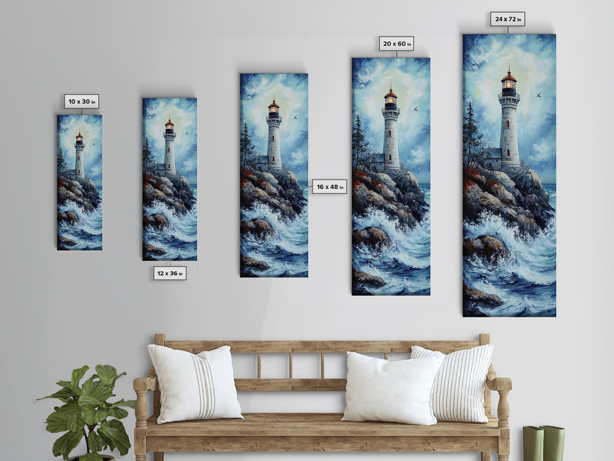 Framed Canvas Print Lighthouse Coastal Decor Nautical Painting Moody Art Ideal Tall Skinny Wall Art Living Room Above Sofa Coastal Painting