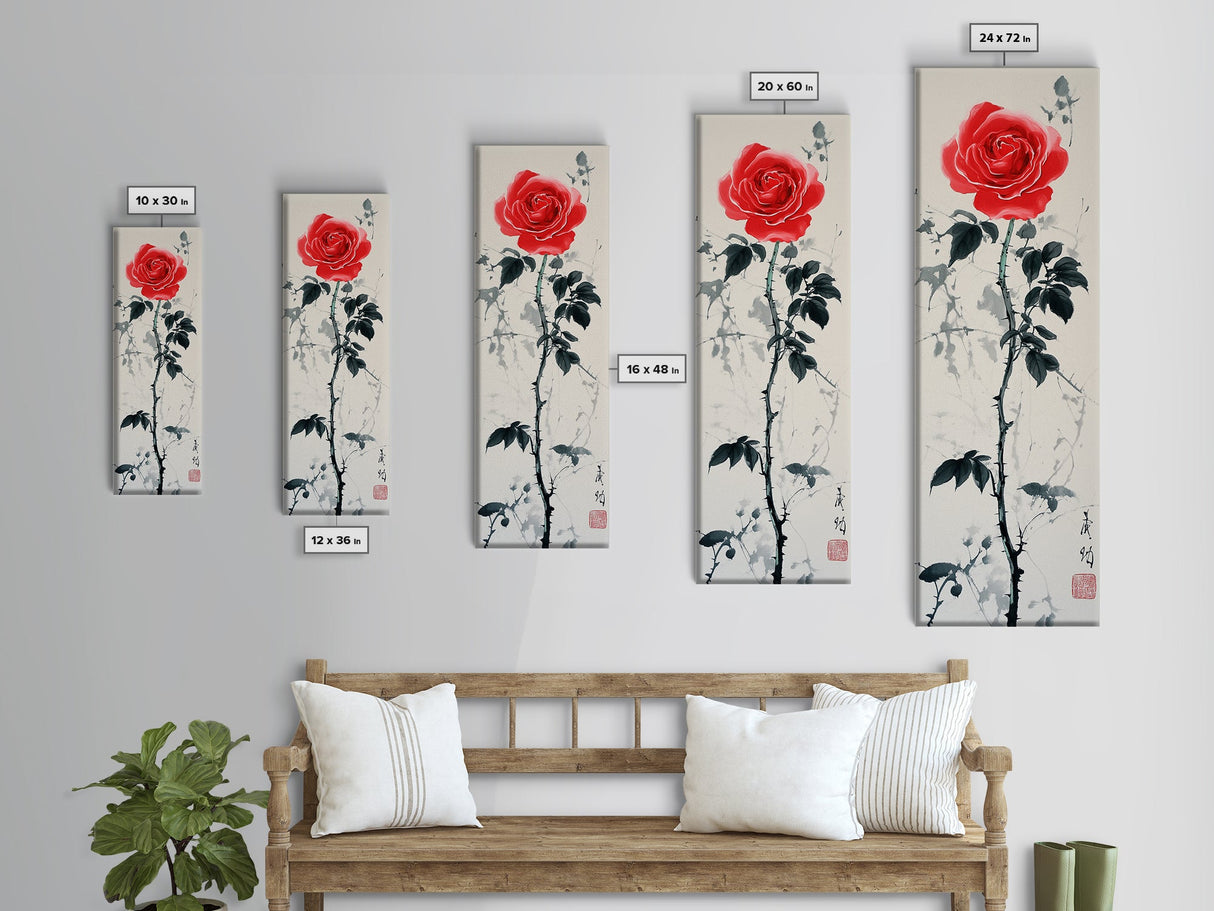 Canvas Print of Asian Style Red Rose, Art Nouveau Print, Botanical Art, Above Sofa Decor, Elegant Home Decor, Floral Wall Art