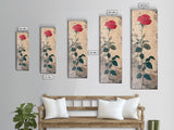 Red Rose Art Print Canvas Print, Japanese Inspired Rose Painting, Long Narrow Wall Art, Tall Skinny Art, Framed Canvas Print, Boho Wall Art