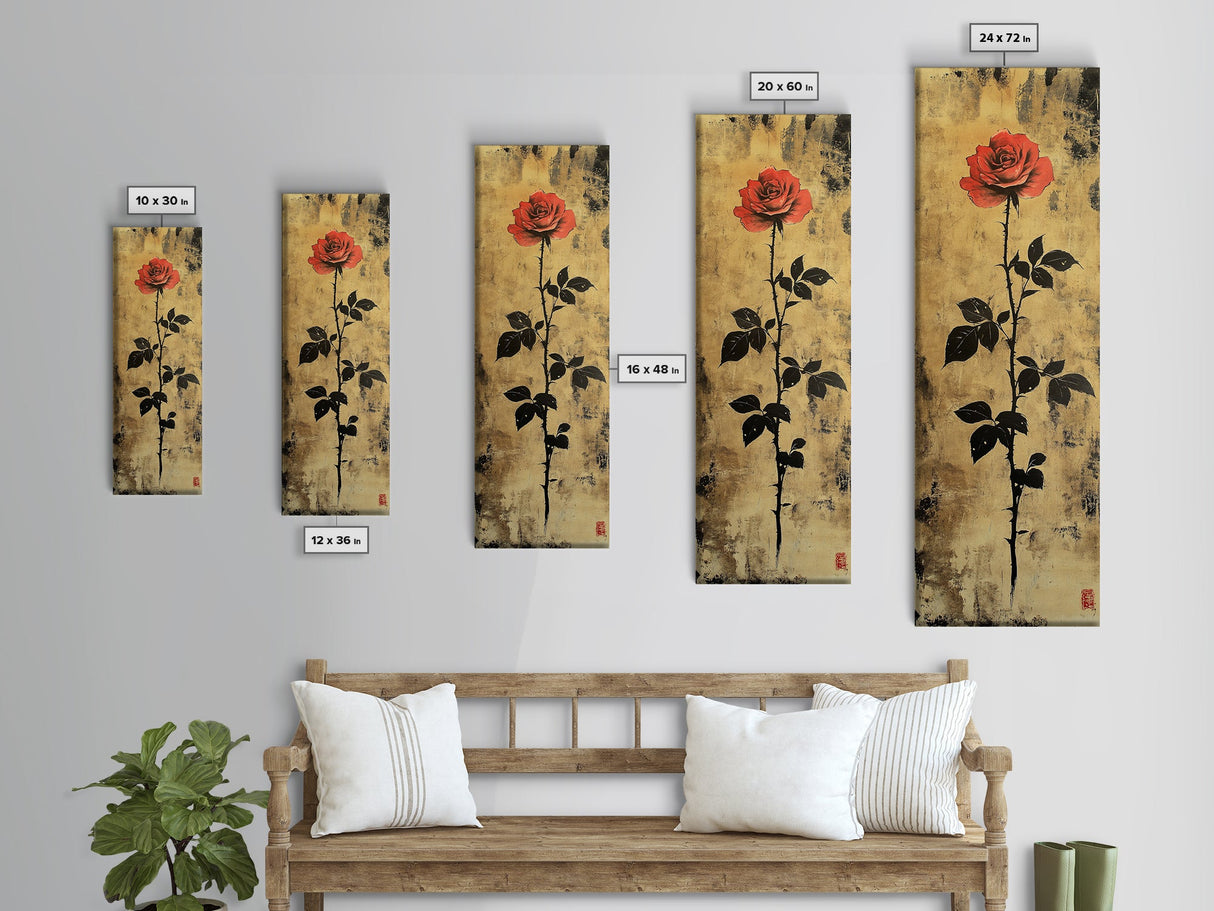 Golden Background Rose Art Canvas Print, Elegant Rose with Dark Leaves, Chinoiserie Style Wall Art, Framed Canvas Print, Gift Idea Her