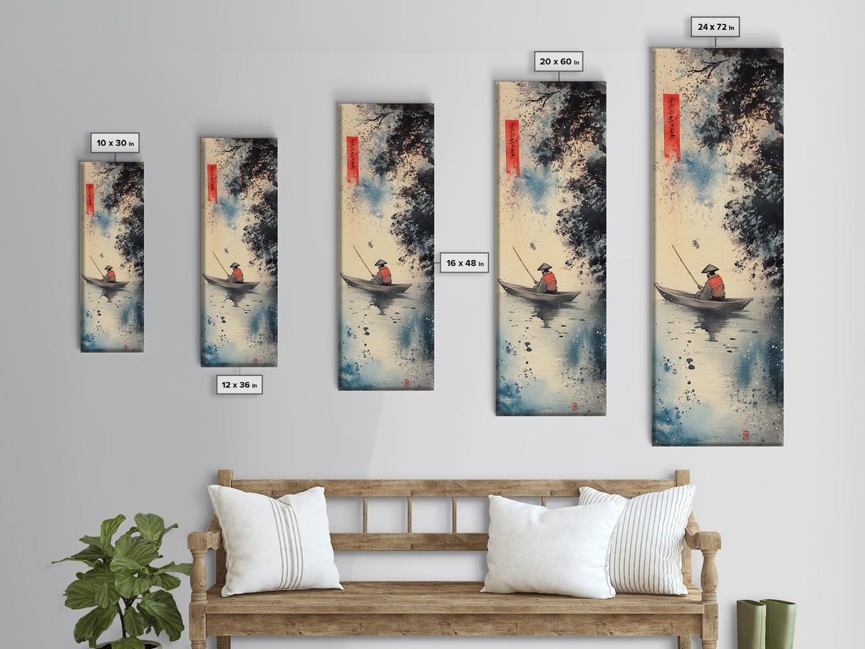 Fisherman in Boat Painting Canvas Print, Japanese Fishing Scene, Coastal Wall Art, Nautical Decor, Tall Narrow Art, Framed Canvas Print, Coastal Decor