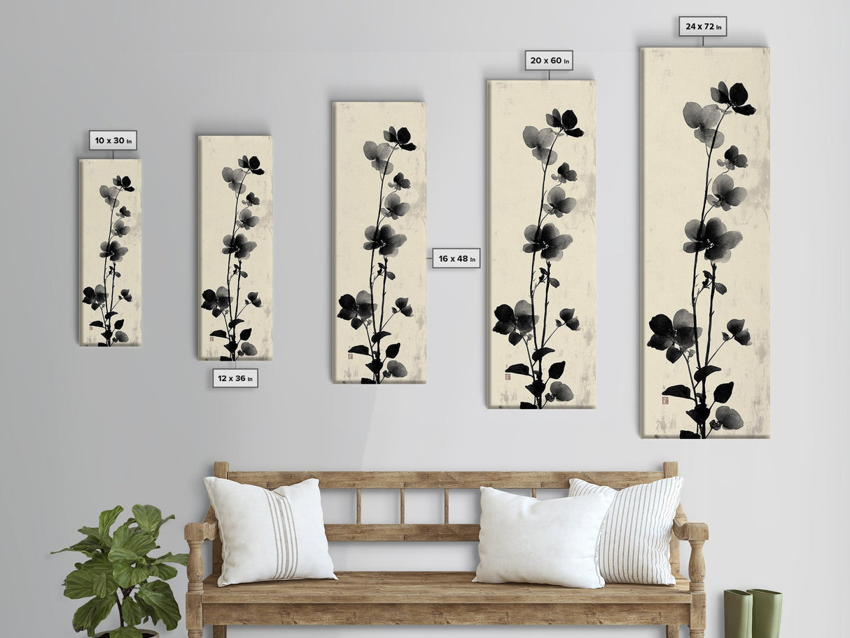 Framed Canvas Print Cherry Blossom Painting Black and White Floral Art, Wabi Sabi Decor, Japanese-Inspired Wall Art, Skinny Canvas Gift