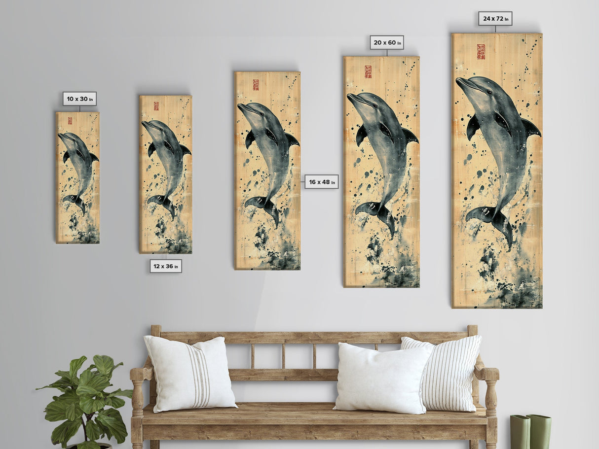 Framed Canvas Print Rustic Dolphin Art Coastal Decor in Nautical Theme, Minimalist Coastal Wall Art, Beach Living Room or Guest Room Decor