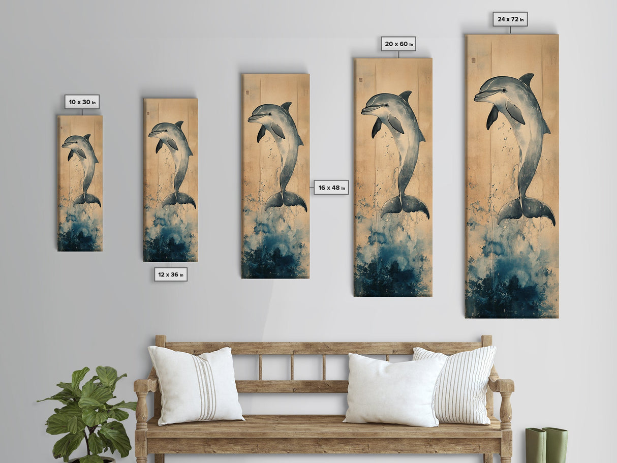 Framed Canvas Print Blue Dolphin Painting Coastal Nautical Wall Art, Beach-Inspired Above Bed Art, Boho Coastal Living Room Decor, Gift Him