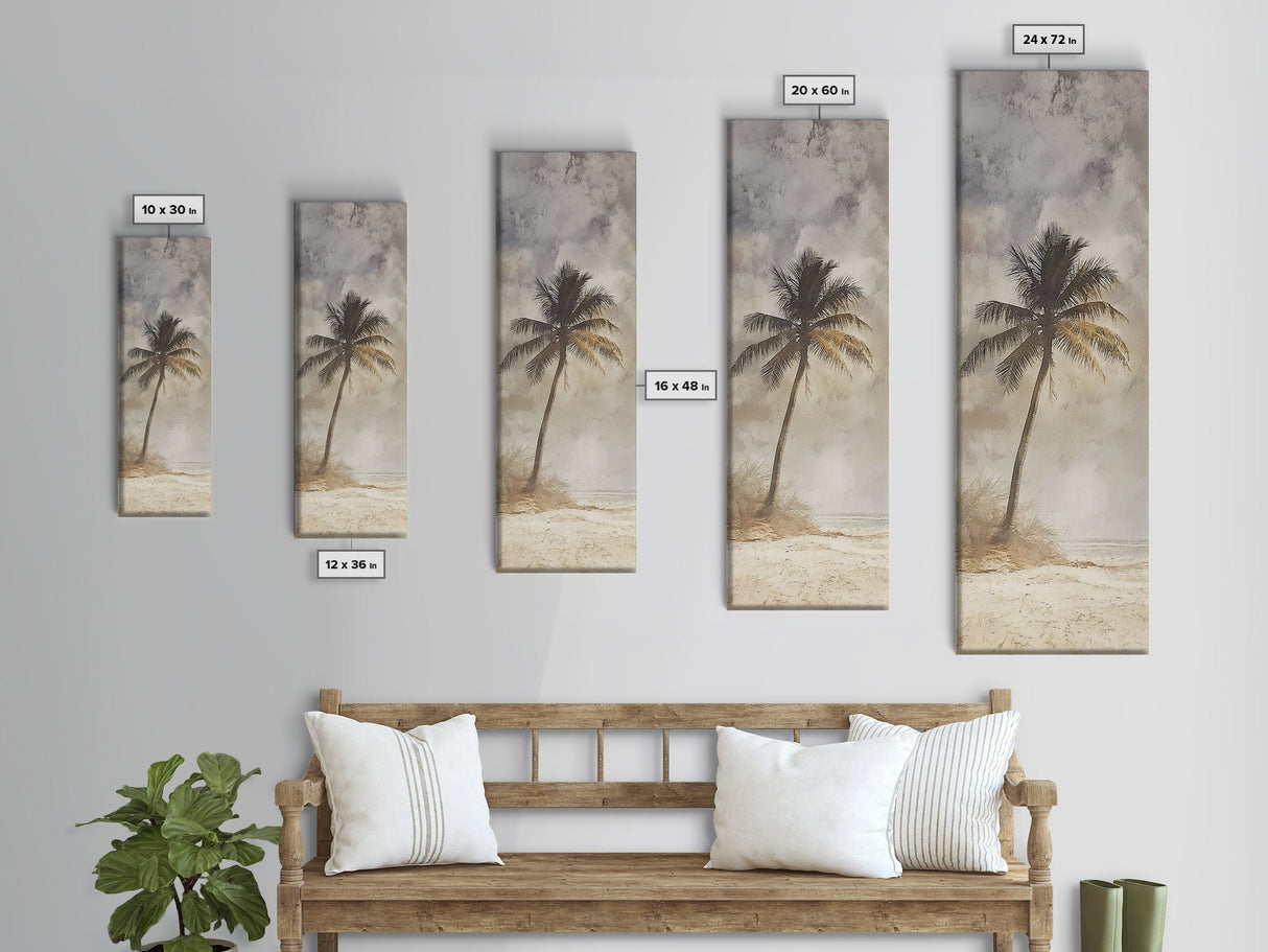 Framed Canvas Print Moody Palm Tree Painting, Coastal Landscape Art, Wabi Sabi Art, Above Sofa Wall Decor, Rustic Beach Scene Print