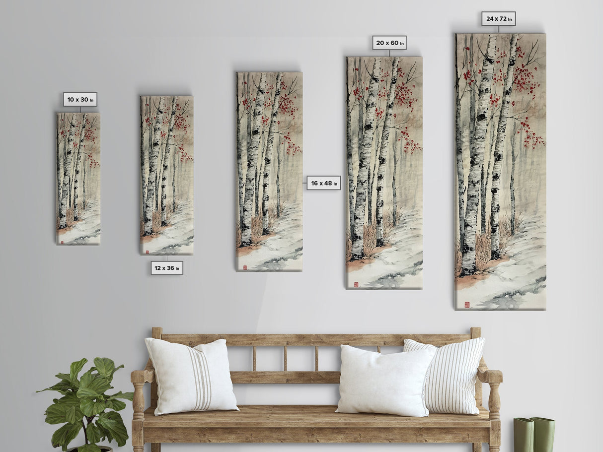 Winter Birch Forest Canvas Print – Wabi Sabi Art, Skinny Wall Art, Moody Winter Scene, Birch Tree Painting, Minimalist Art, Bedroom Wall Decor