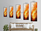 Sunset Blaze in Forest Framed Canvas Print – Dramatic Wall Art, Fiery Forest, Moody Scene, Rustic Decor, Living Room Art, Tall Narrow Art