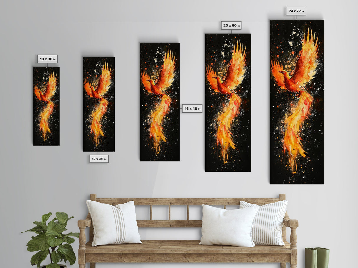 Fiery Phoenix Illustration on Black Canvas, Framed Art Option, Mystical Wall Art for Living Room, Tall Narrow Wall Decor, Mythological Art