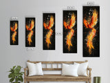 Fiery Phoenix Illustration on Black Canvas, Framed Art Option, Mystical Wall Art for Living Room, Tall Narrow Wall Decor, Mythological Art