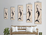 Minimalist Whale Ink Art Depicting Graceful Humpback Whale – Elegant Black and White Framed Canvas Print for Nautical or Coastal Decor