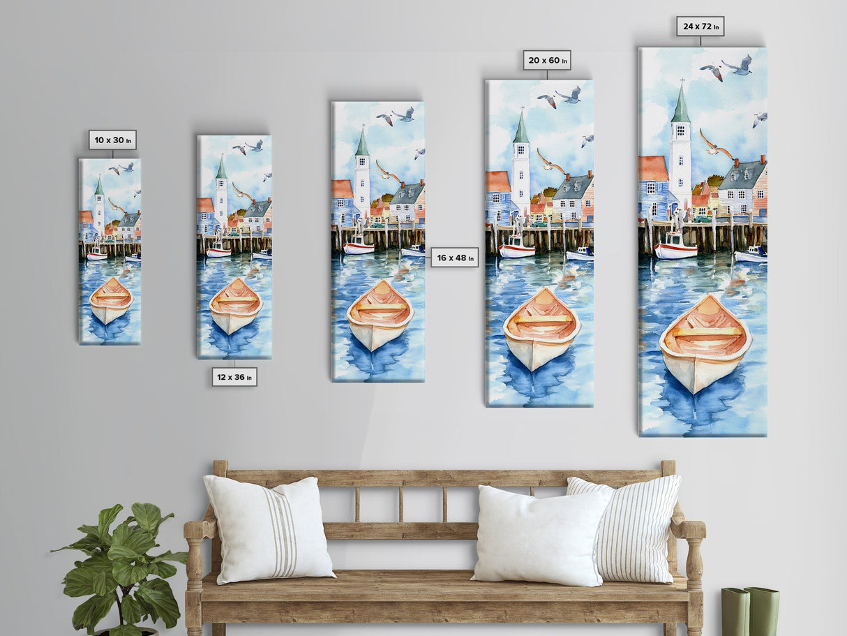 Tranquil Coastal Village with Seagulls Painting - Canvas Print for Nautical Wall Art, Coastal Scene Decor, Ocean-Inspired Art, Harbor Home Decor